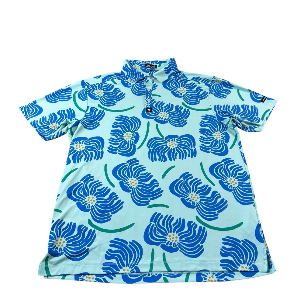 Bad Birdie Green Blue Floral Performance Men’s Golf Polo Shirt Size XL Mint